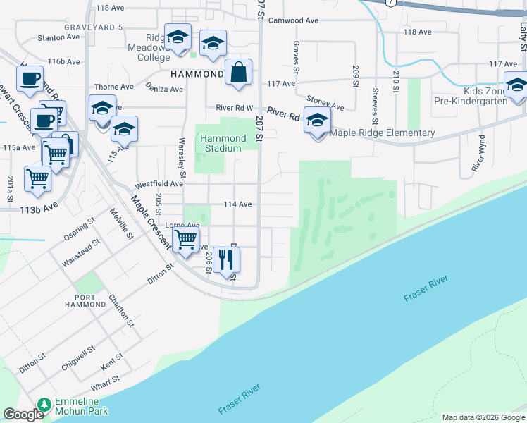 map of restaurants, bars, coffee shops, grocery stores, and more near in Maple Ridge