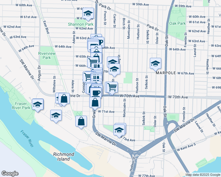 map of restaurants, bars, coffee shops, grocery stores, and more near 8539 Cartier Street in Vancouver