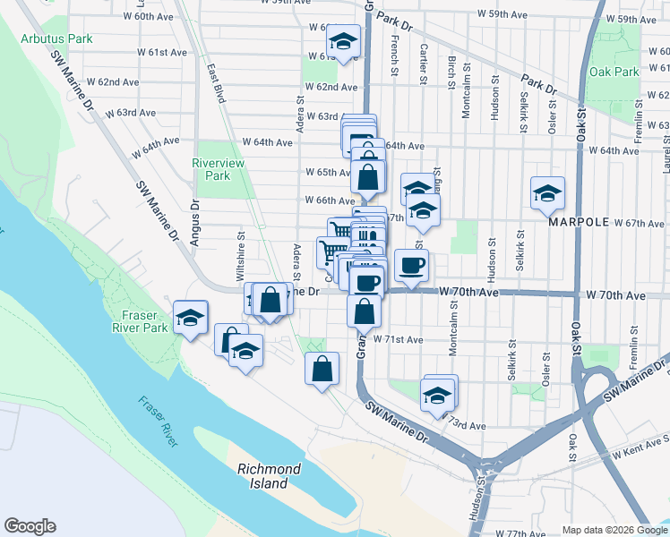 map of restaurants, bars, coffee shops, grocery stores, and more near 8528 Cornish Street in Vancouver