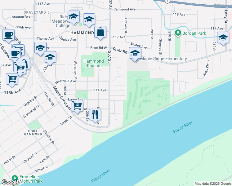 map of restaurants, bars, coffee shops, grocery stores, and more near 20732 114 Avenue in Maple Ridge