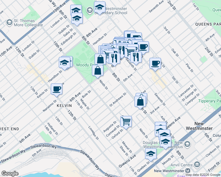 map of restaurants, bars, coffee shops, grocery stores, and more near 505 Ninth Street in New Westminster