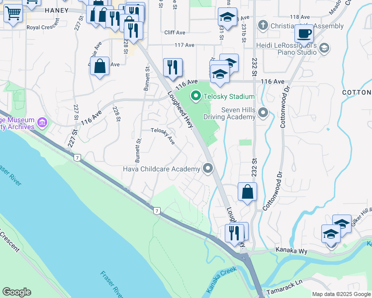 map of restaurants, bars, coffee shops, grocery stores, and more near 11390 Harrison Street in Maple Ridge
