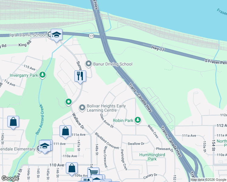 map of restaurants, bars, coffee shops, grocery stores, and more near 11370 Glen Avon Drive in Surrey
