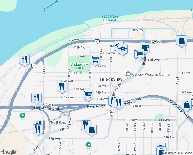 map of restaurants, bars, coffee shops, grocery stores, and more near 12713 113B Avenue in Surrey