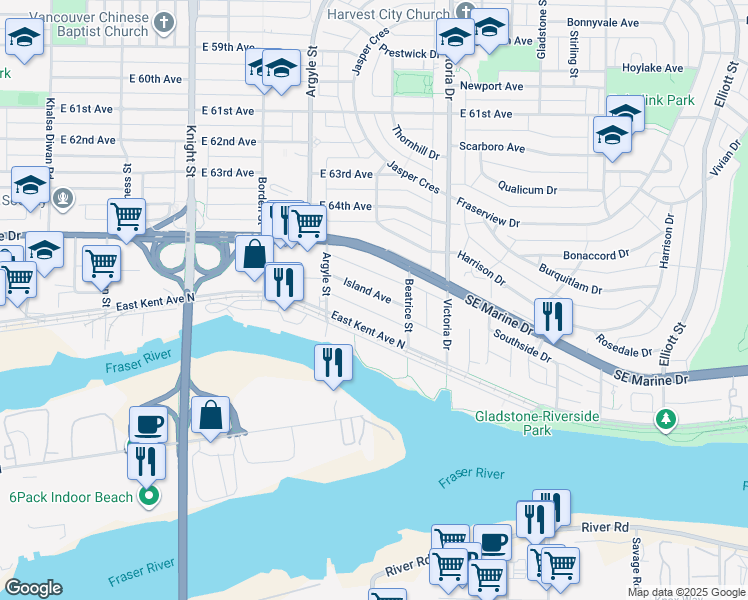map of restaurants, bars, coffee shops, grocery stores, and more near 1796 Island Avenue in Vancouver