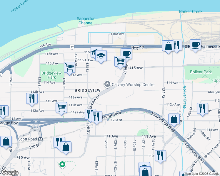 map of restaurants, bars, coffee shops, grocery stores, and more near Bridgeview Drive in Surrey