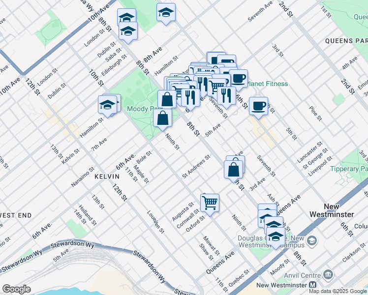 map of restaurants, bars, coffee shops, grocery stores, and more near 505 Ninth Street in New Westminster