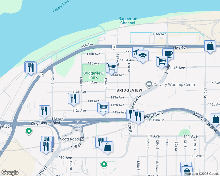 map of restaurants, bars, coffee shops, grocery stores, and more near 12695 113B Avenue in Surrey