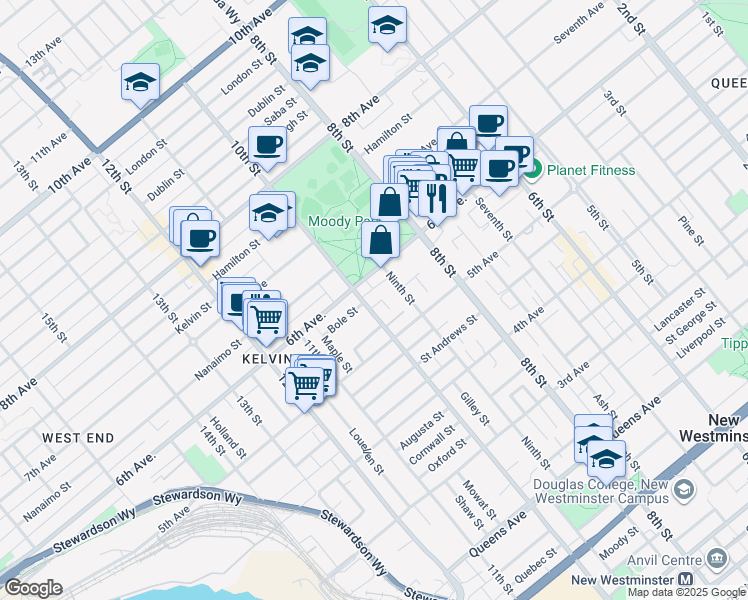 map of restaurants, bars, coffee shops, grocery stores, and more near 520 10th Street in New Westminster