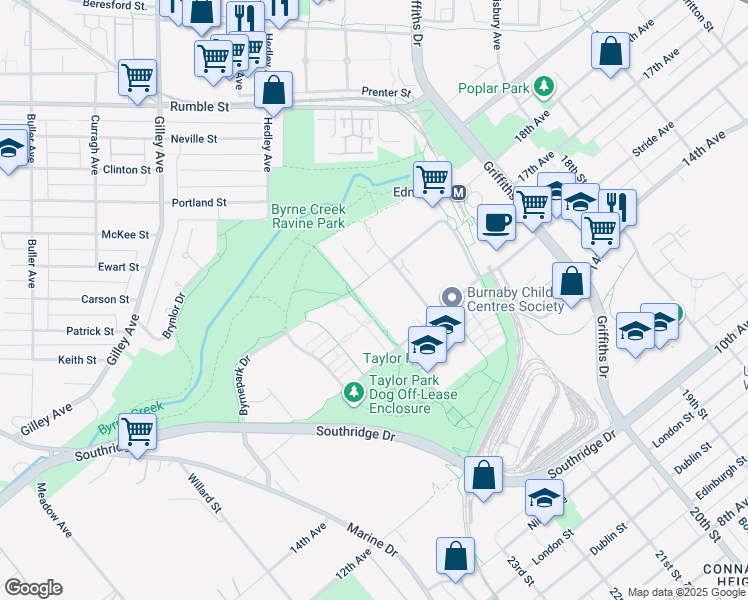 map of restaurants, bars, coffee shops, grocery stores, and more near in Burnaby