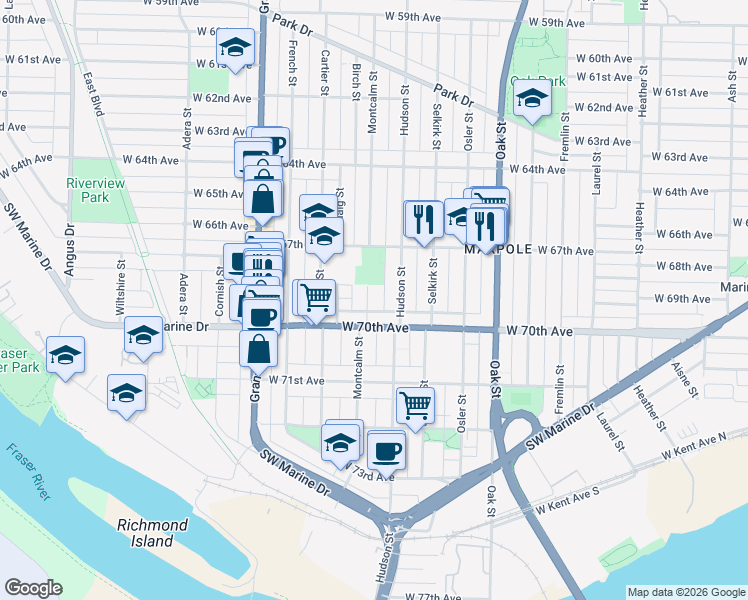 map of restaurants, bars, coffee shops, grocery stores, and more near 8567 Hudson Street in Vancouver