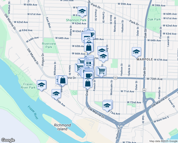map of restaurants, bars, coffee shops, grocery stores, and more near in Vancouver