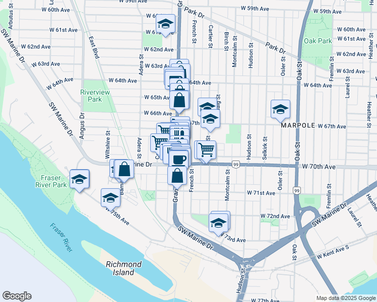 map of restaurants, bars, coffee shops, grocery stores, and more near 8519 French Street in Vancouver
