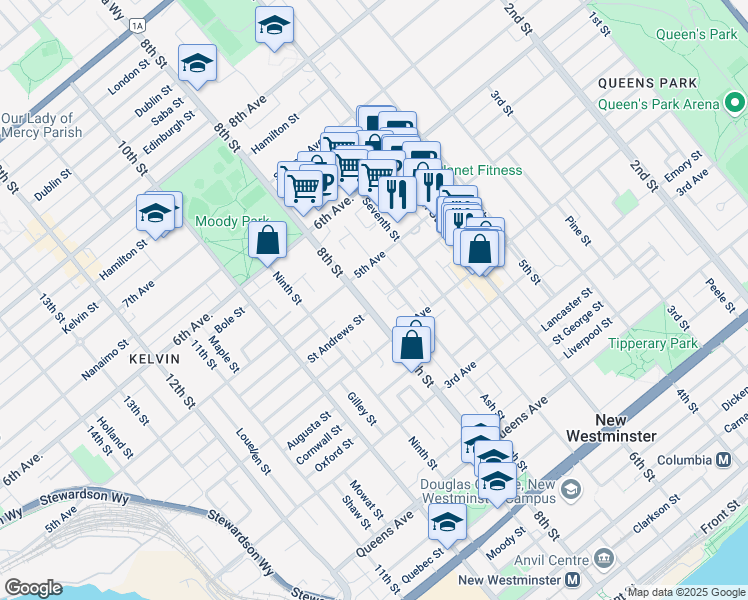 map of restaurants, bars, coffee shops, grocery stores, and more near 423 8th Street in New Westminster