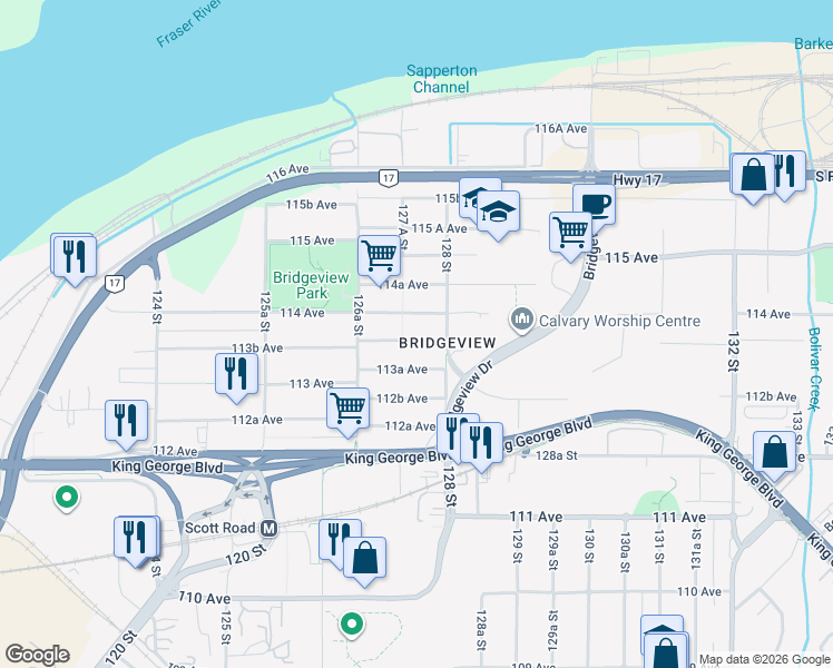 map of restaurants, bars, coffee shops, grocery stores, and more near 12755 113B Avenue in Surrey