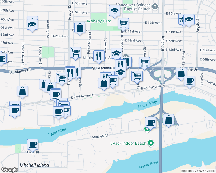 map of restaurants, bars, coffee shops, grocery stores, and more near 1083 East Kent Avenue North in Vancouver