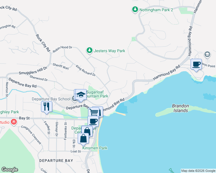 map of restaurants, bars, coffee shops, grocery stores, and more near 2999 King Richard Drive in Nanaimo