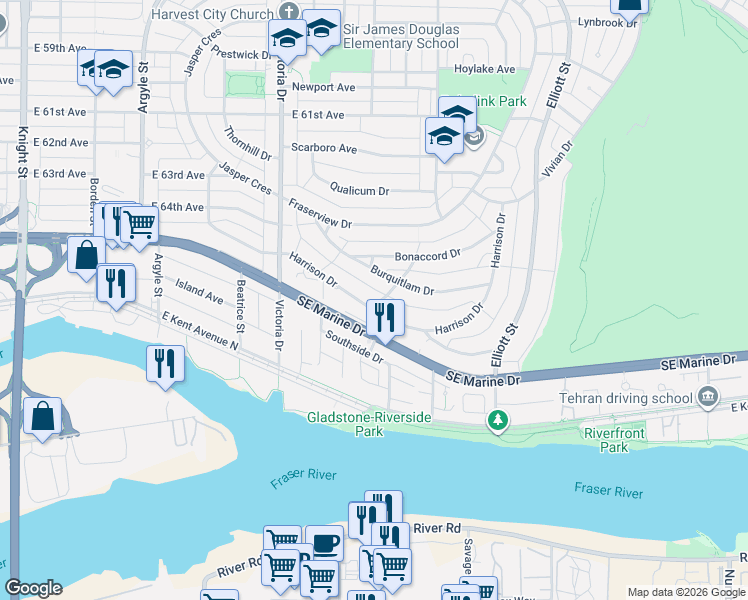 map of restaurants, bars, coffee shops, grocery stores, and more near 2195 Harrison Drive in Vancouver