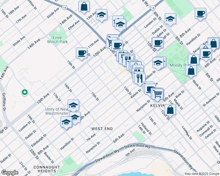 map of restaurants, bars, coffee shops, grocery stores, and more near 809 14th Street in New Westminster