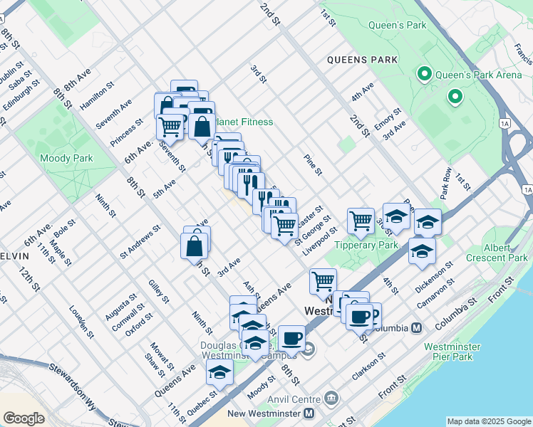 map of restaurants, bars, coffee shops, grocery stores, and more near in New Westminster