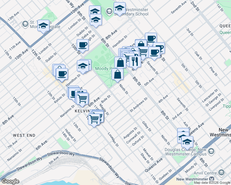 map of restaurants, bars, coffee shops, grocery stores, and more near 525 10th Street in New Westminster