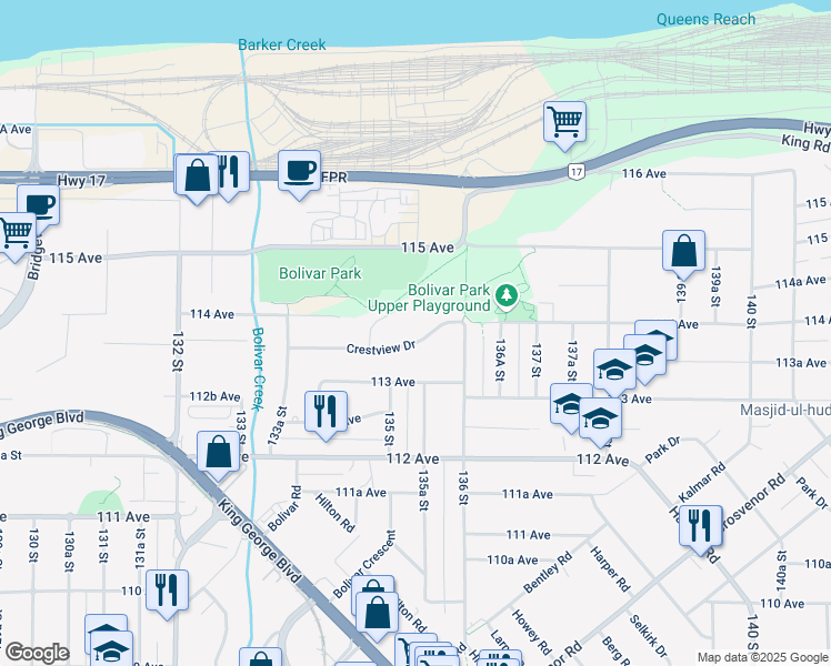map of restaurants, bars, coffee shops, grocery stores, and more near 13535 Crestview Drive in Surrey
