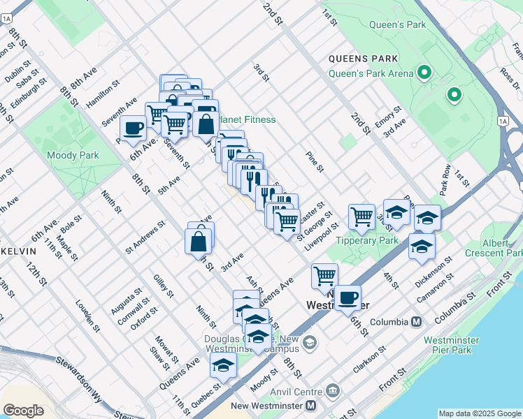 map of restaurants, bars, coffee shops, grocery stores, and more near 602 Blackford Street in New Westminster