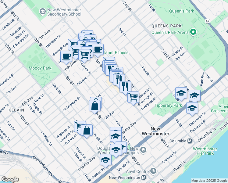 map of restaurants, bars, coffee shops, grocery stores, and more near 611 Blackford Street in New Westminster