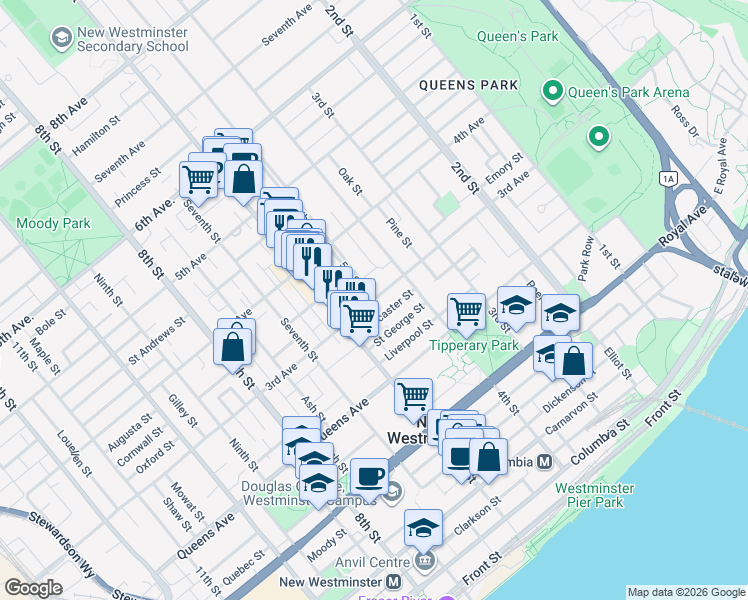 map of restaurants, bars, coffee shops, grocery stores, and more near 510 Third Avenue in New Westminster