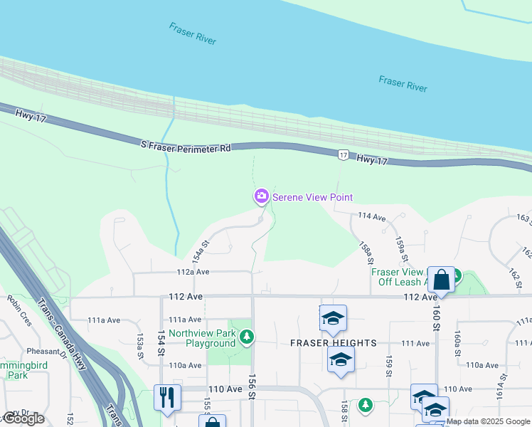 map of restaurants, bars, coffee shops, grocery stores, and more near 11456 154A Street in Surrey