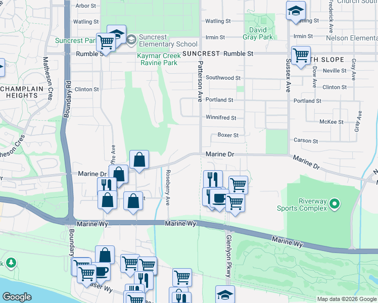 map of restaurants, bars, coffee shops, grocery stores, and more near 4057 Marine Drive in Burnaby