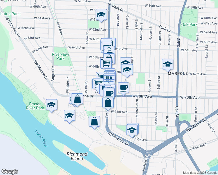 map of restaurants, bars, coffee shops, grocery stores, and more near 8555 Granville Street in Vancouver