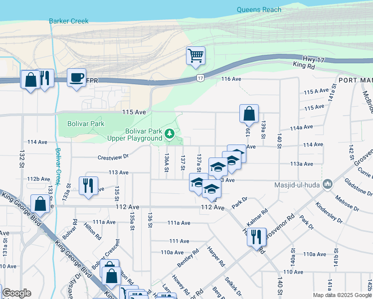 map of restaurants, bars, coffee shops, grocery stores, and more near 13710 114 Avenue in Surrey