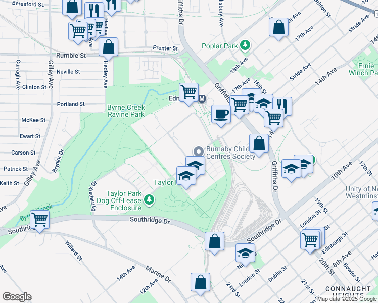 map of restaurants, bars, coffee shops, grocery stores, and more near 7478 Sandborne Avenue in Burnaby