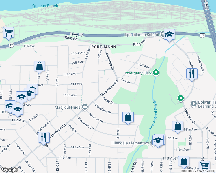 map of restaurants, bars, coffee shops, grocery stores, and more near in Surrey