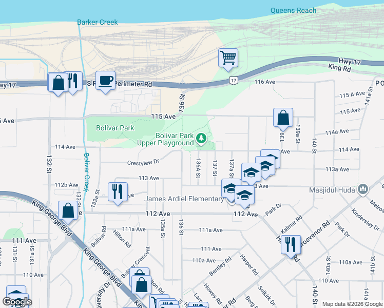 map of restaurants, bars, coffee shops, grocery stores, and more near 13630 114 Avenue in Surrey