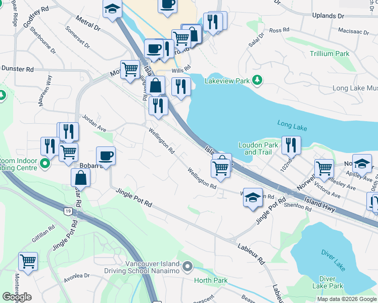 map of restaurants, bars, coffee shops, grocery stores, and more near 4474 Wellington Road in Nanaimo