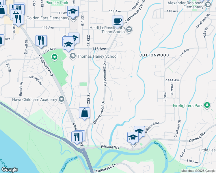 map of restaurants, bars, coffee shops, grocery stores, and more near 11358 Cottonwood Drive in Maple Ridge