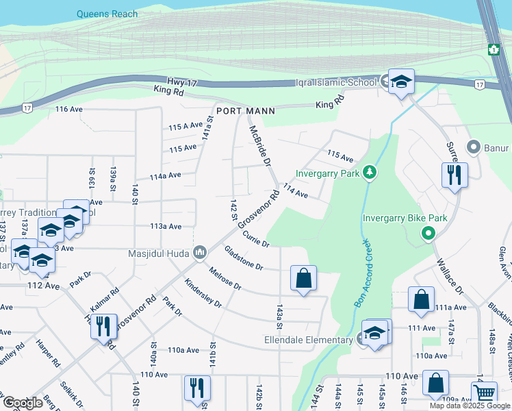 map of restaurants, bars, coffee shops, grocery stores, and more near 14271 Grosvenor Road in Surrey