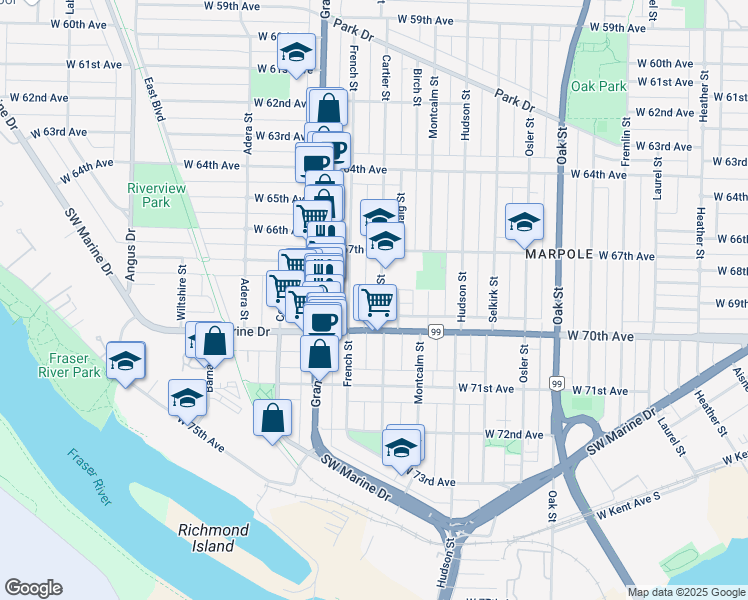 map of restaurants, bars, coffee shops, grocery stores, and more near 8491 Cartier Street in Vancouver