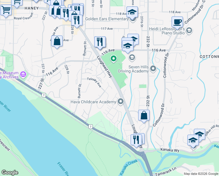 map of restaurants, bars, coffee shops, grocery stores, and more near 11398 Harrison Street in Maple Ridge