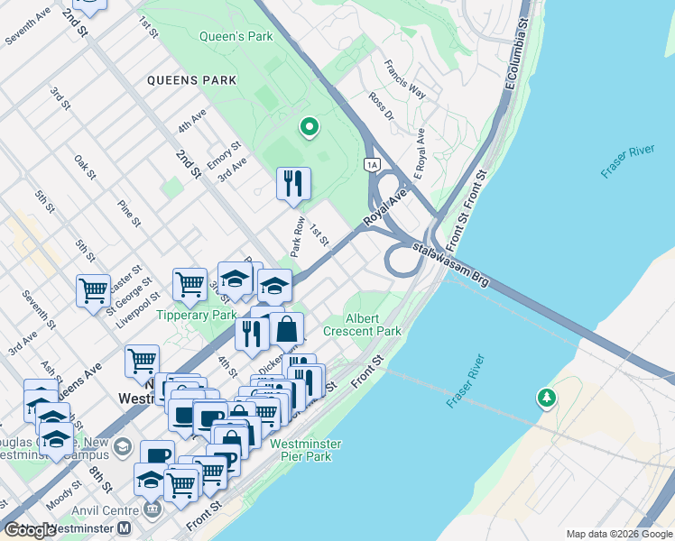 map of restaurants, bars, coffee shops, grocery stores, and more near in New Westminster