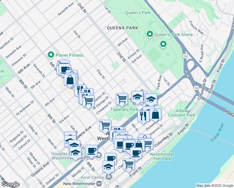 map of restaurants, bars, coffee shops, grocery stores, and more near 311 Liverpool Street in New Westminster