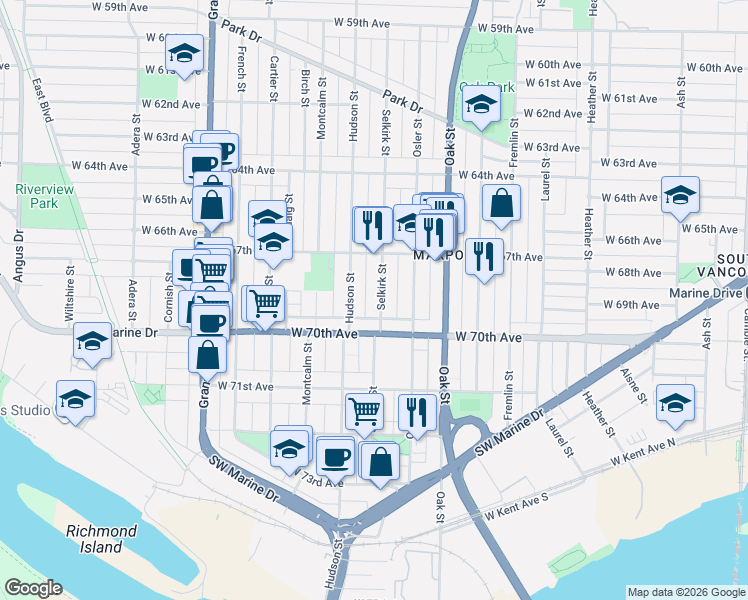 map of restaurants, bars, coffee shops, grocery stores, and more near 8479 Selkirk Street in Vancouver