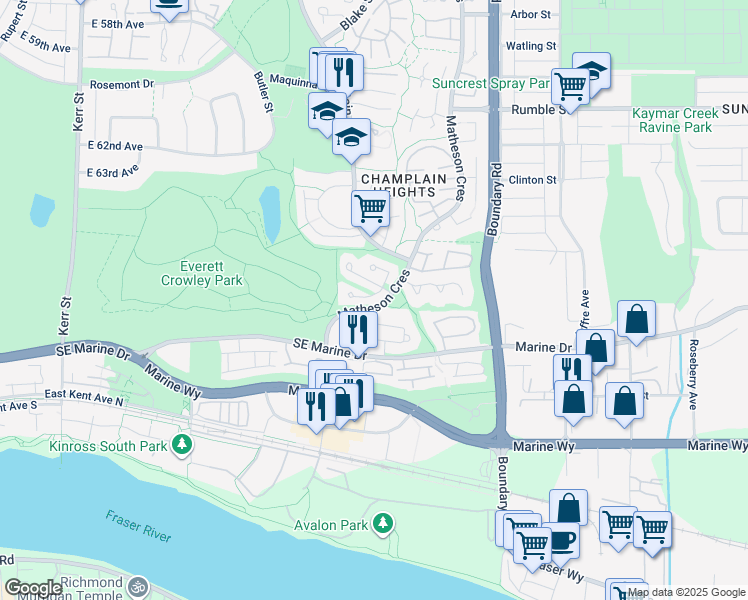 map of restaurants, bars, coffee shops, grocery stores, and more near 3472 Weymoor Place in Vancouver