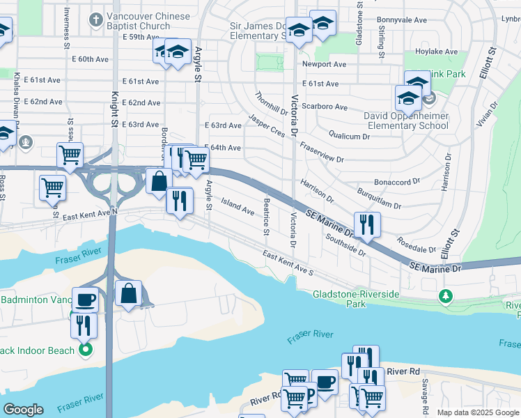 map of restaurants, bars, coffee shops, grocery stores, and more near 8339 Beatrice Street in Vancouver