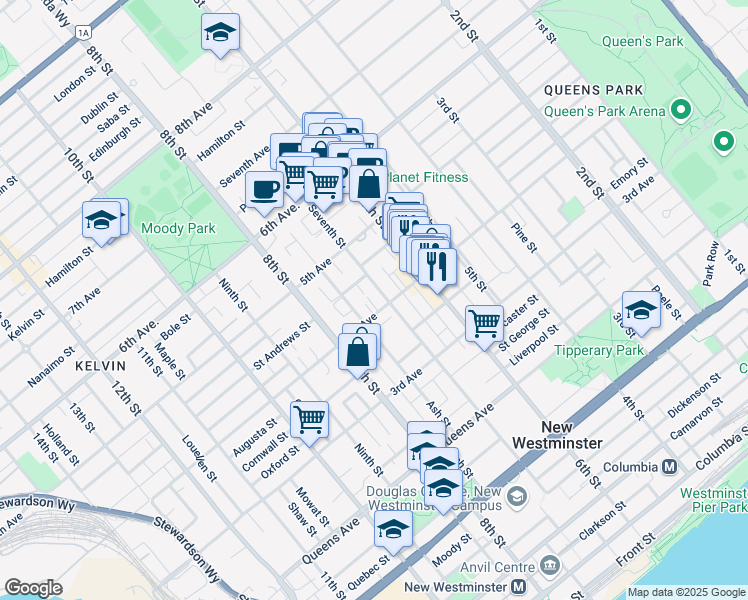 map of restaurants, bars, coffee shops, grocery stores, and more near 409 Ash Street in New Westminster