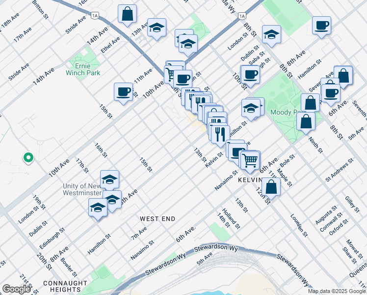map of restaurants, bars, coffee shops, grocery stores, and more near 1337 8th Avenue in New Westminster
