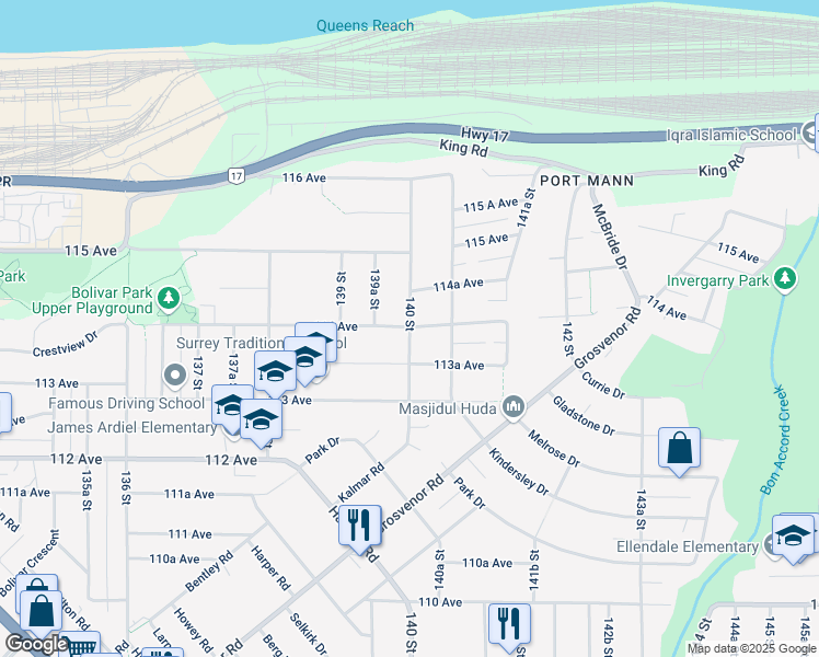 map of restaurants, bars, coffee shops, grocery stores, and more near 11391 140 Street in Surrey