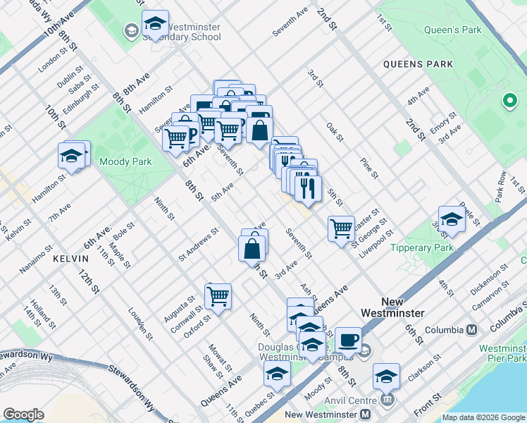 map of restaurants, bars, coffee shops, grocery stores, and more near 404 Seventh Street in New Westminster